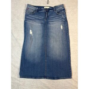 SLINK JEANS Curvy Denim Maxi Skirt Blue Distressed Back Slit Size 16